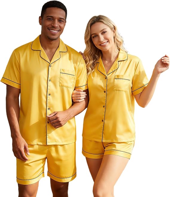 His and Hers Summer Satin Pajamas-Short Sleeve Button Down Silk Pjs Set for Couples | Holiday Pajamas