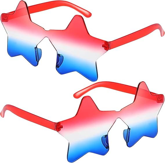 ILHSTY 2 Pair Star Sunglasses for Women Men, Patriotic Rimless Star Shaped Sunglasses USA Red White Blue Accessories for Memorial Day 4th of July Beach Pool Birthday Party Favor (Red White Blue)