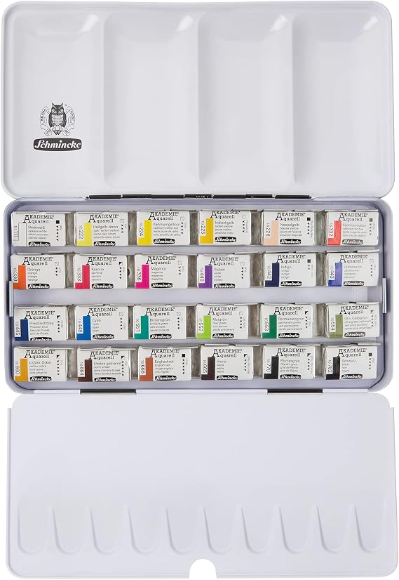 Schmincke - AKADEMIE Watercolor Paint Box, full assortment 24 x 1/1 pans, 75 425 097, metal box, highly lightfast colors, fine artists' watercolors