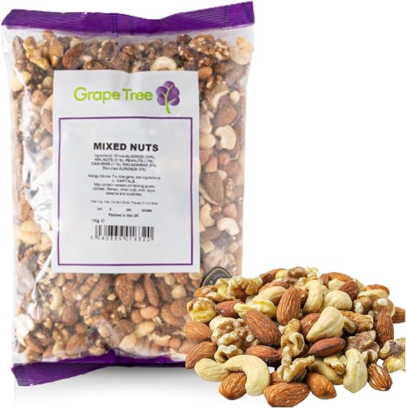 Grape Tree Mixed Nuts 1kg Raw & Unsalted Almonds, Walnuts, Cashews, Peanuts. Nutritious Vegan, Keto Friendly Snack Mix. Selection of Raw Mixed Nuts For Snacking