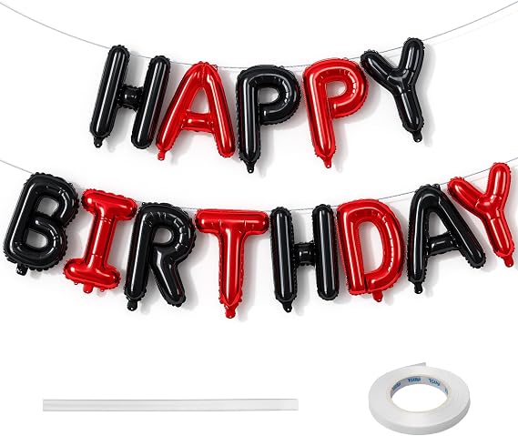 16 Inch Foil Red & Black Balloons Self Inflating Letter Banner: 'Happy Birthday' - Boys & Girls Party Decorations Supplies