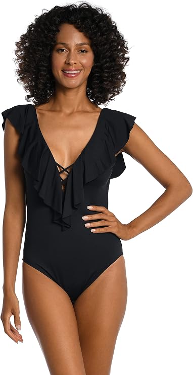 La Blanca Women's Island Goddess Over The Shoulder Ruffle Plunge One Piece