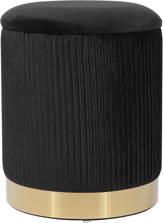 Tov Furniture Zoe Pleated Velvet Round Storage Ottoman (Black)