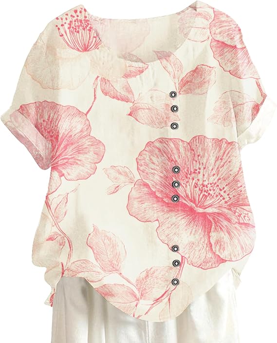 BIVENANT Womens Floral Linen Shirts Short Sleeve Blouses Summer Boho Graphic Tees Tunic Tops Crewneck Casual Loose Fit