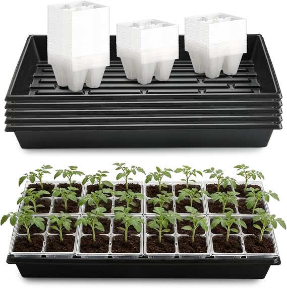 RooTrimmer 5 Pack Heavy Duty 1020 Trays and 40 Pack Clear 4 Cell Seed Starter Trays with Large Drainage Holes, Easy Transplant - for Seed Germination & Plant Propagation (5 Sets)