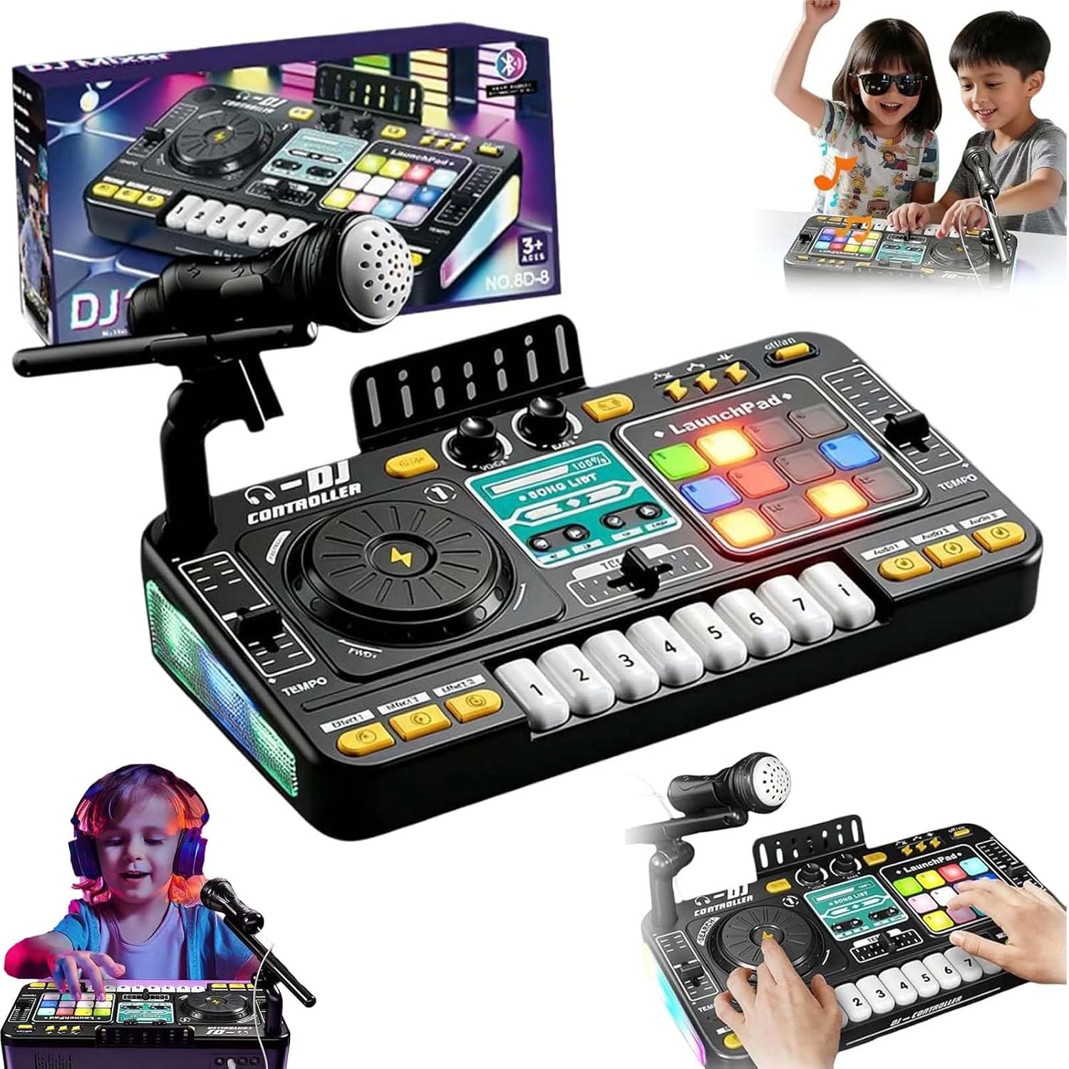 Kids DJ Mixer Table, DJ Decks for Baby with Microphone, Bluetooth, Piano Keys, LED Lights, Interactive Toy DJ Mixer for Kids, Rechargeable Music Keyboard Toy, Educational Toys for Boys Girls (Black)