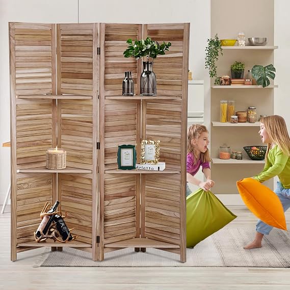 4 Panel Room Divider Folding Privacy Wooden with Three Clever Shelf Portable Partition Wood for Home Office, Flexible Panel & Easy to Storage Best Home Foldable Screen, Natural