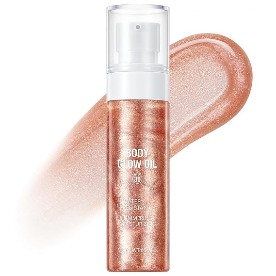 60ml Shimmer Body Oil Illuminating Sunscreen SPF 30 Body Glow Oil with Radiant glitter, Lightweight Moisturizer for Highlighted Skin, Non-Greasy, Water-Resistant Summer Glow Enhancer (02# RoseGold)