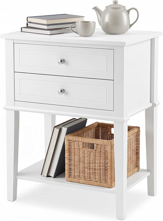 SEJOV End Table, 3-Tier Nightstand with Drawer and 2 Shelves, Wood Look Accent Narrow End Tables for Bed Room Office, Lake Blue