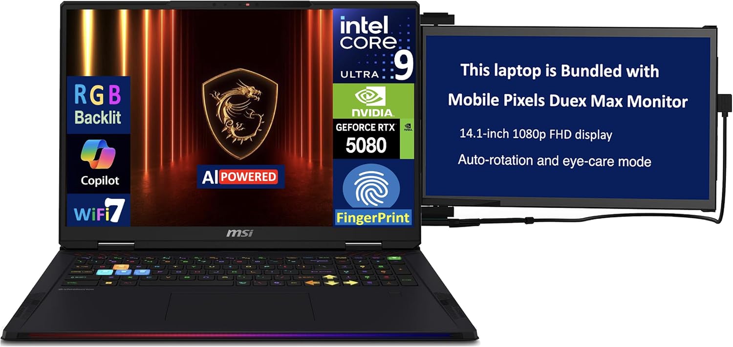 MSI Raider AI Gaming Laptop 18 120Hz Mini LED 4K Display Intel Ultra 9-285HX, GeForce RTX 5080 16GB, 64GB DDR5, 2X 2TB SSD, Backlit KB, Fingerprint, Win 11 Home wDuex Max DS Monitor