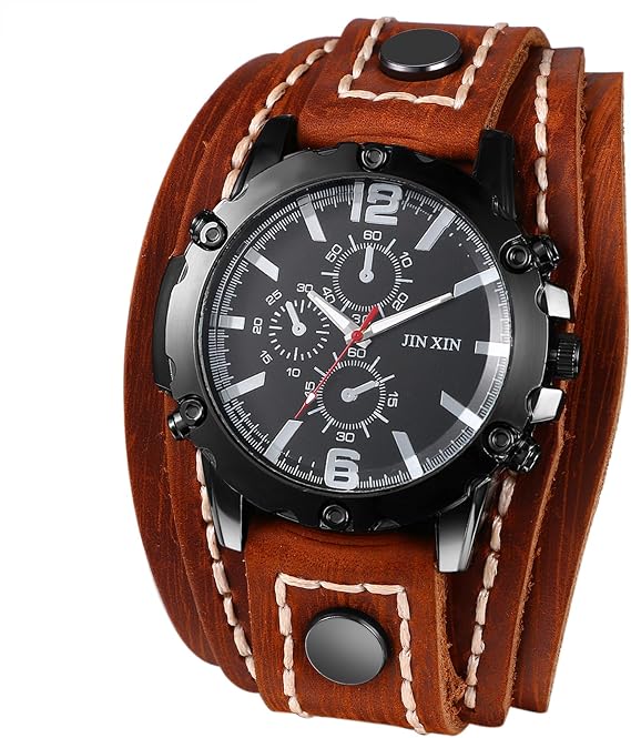 Herrenuhren Leder Steampunk Armbanduhren: Punk DREI Augen dekoratives Analoge Quarz Uhren Herren Breit Mehrschichtig Echt Lederarmband Uhren Männer