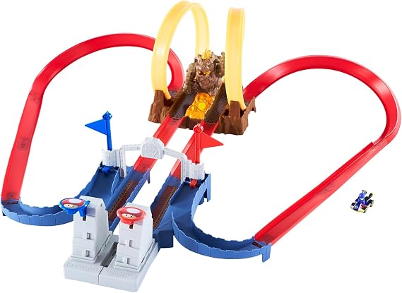 Hot Wheels Mario Kart Bowsers Castle Chaos Modular Track with Side by Side Racing Lap Flags and Bowser Figure Connects to Other Sets Gift idea for Ages 3 Years and Older