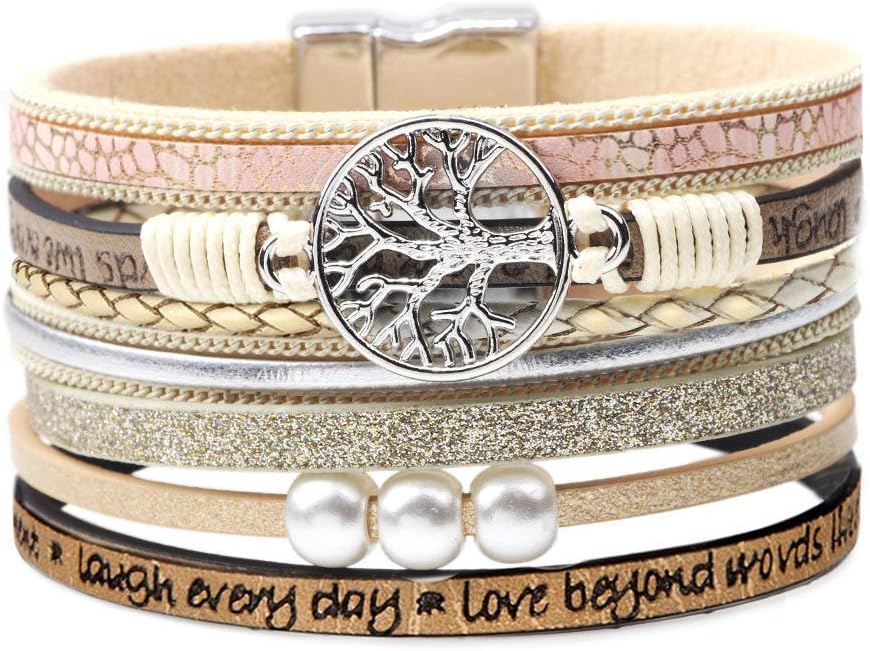 Desimtion Inspirational Tree of Life Boho Leather Wrap Bangle Bracelets for Women, Teen Girl Gifts Trendy Stuff, Fashion Accessories Jewelry Gifts for Women Girls