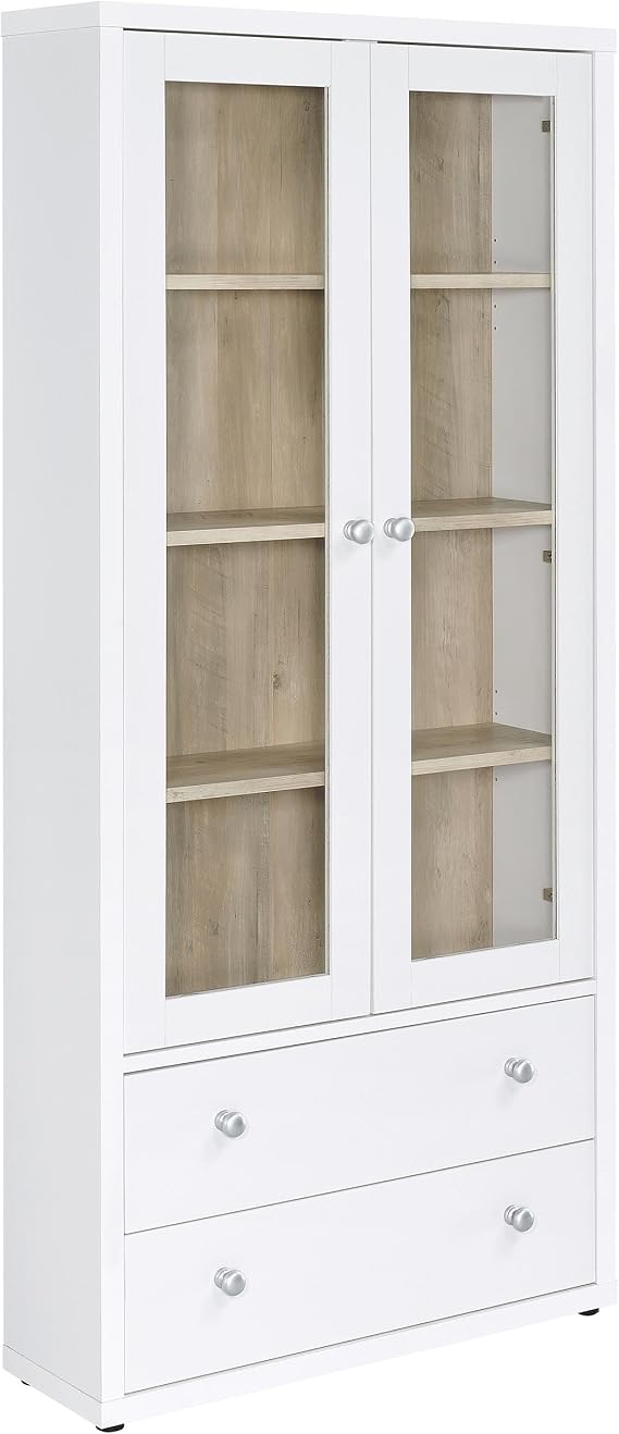 Coaster Home Furnishings - Hawthorne - 4-Shelf Tall Wood Accent Cabinet with Glass Doors, Drawers - Farmhouse Style - Living Room, Entryway & Home Kitchen - White - 953477