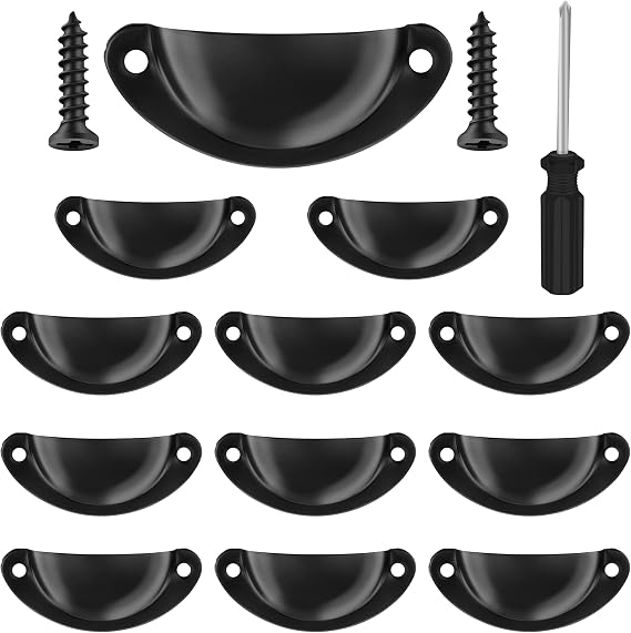 12 Pcs Vintage Half Moon Shell Cup Pull Handles for Cabinet Cupboard Door Dresser Wardrobe Drawer with Screws & Screwdriver, 65mm Hole Centres, Black