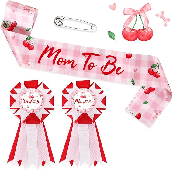 Cherry Baby Shower Decorations Mom to Be Sash Dad To Be Corsage Set, Cherry On Top Baby Shower Mommy to Be Sash for Expecting Parents Gift