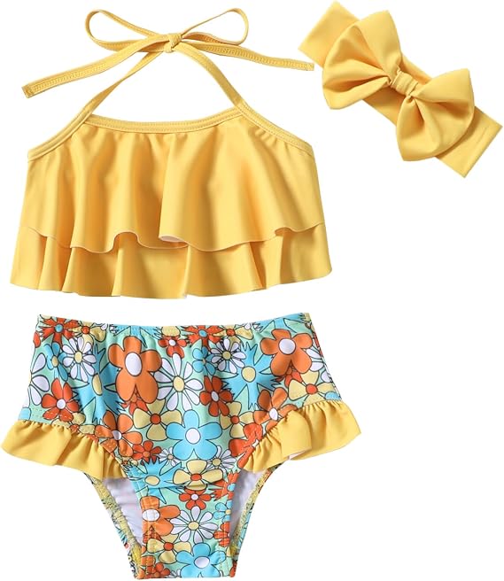 Neutocd Toddler Baby Infant Swimsuit Girl Ruffles Bathing Suit Halter Top Bikini with Headband Baby Girls' Swimwear