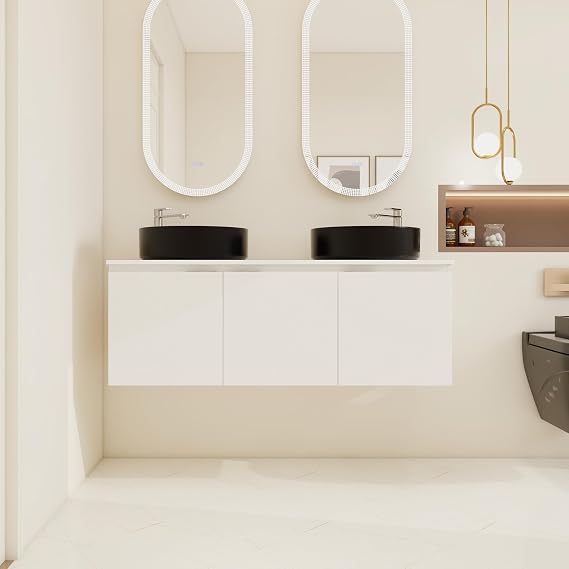 48" Floating Bathroom Vanity with Double Vessel Sinks, Black Ceramic Sinks