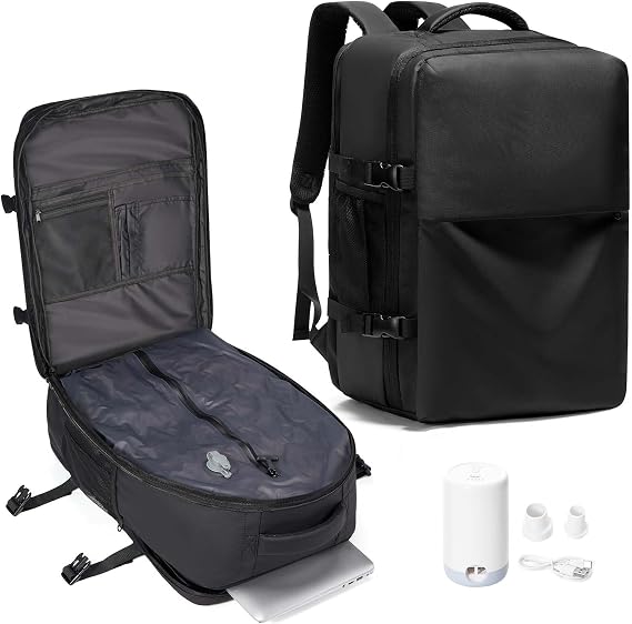 Vacuum Backpack Travel with Pump Large Travel Backpack Vacuum System mochila de viaje Compresion Waterproof Carry on Personal item Laptop Vacpack BackpacksWomen Men Airline Flight Approved Bag Black