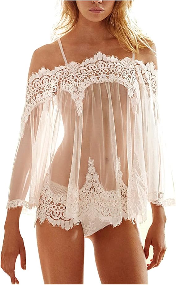 Bridal Lingerie Dress for Bride Wedding Night, Women Sexy Lace Mesh Off Shoulder Chemise Nightgown Pajamas Sets