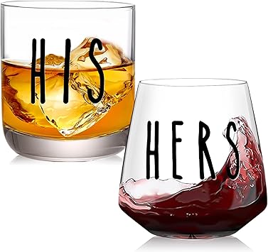 JOVGANK His and Hers Drinking Glasses Set Of 2, Wedding Gifts for Couples, Bridal Shower Gifts, Mr and Mrs Gift, Anniversary, Engagement Couple Drinking Glass for Him Her