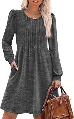 Swing Dresses for Women with Pocket Outfits Work Baggy Travel Wedding Midi V Neck Long Sleeve Dress