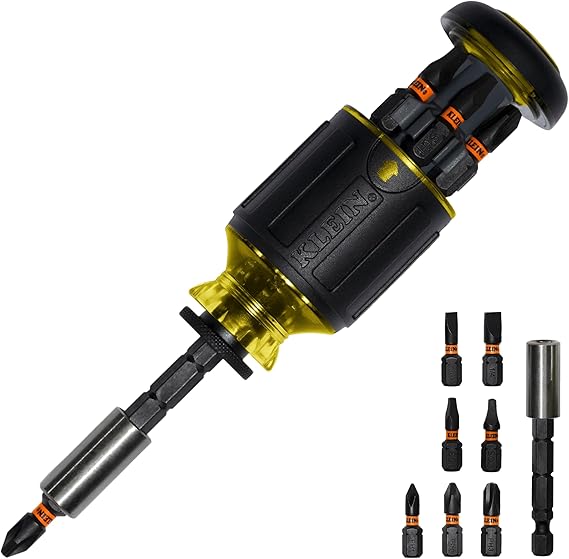 Klein Tools 32308 Multi-bit Stubby Screwdriver, Impact Rated 8-in-1 Adjustable Magnetic Tool with Phillips, Slotted, Square and Nut Driver
