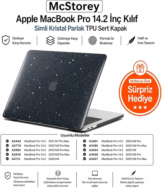 McStorey MacBook Pro 14.2 İnç Kılıf A2442 A2779 A2918 A2992 A3112 A3401 A3185 A3434 A3426 A3427 Uyumlu Simli Kristal Parlak Şeffaf Hard Case Sert Kapak Siyah