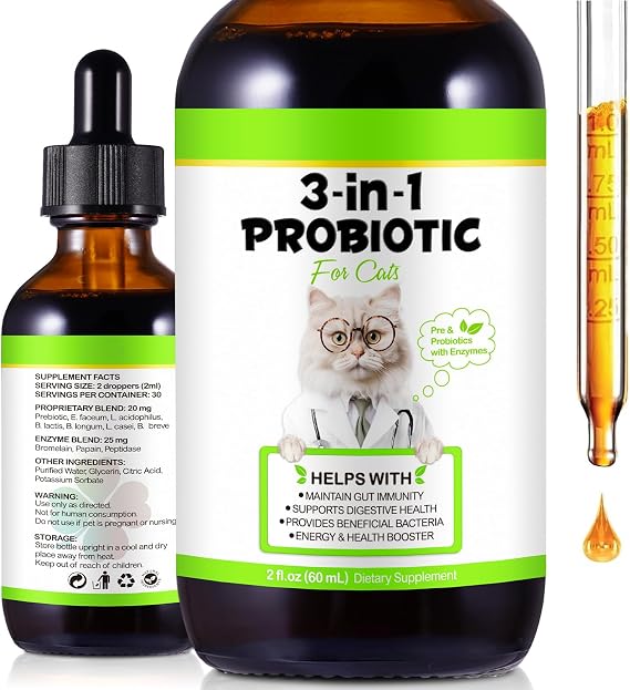 Cat Probiotic, Probiotics for Cats, 3 in 1 Cat Probiotic Drops with Prebiotic and Enzymes, Cats Probiotics Supplement Help Digestive Support Gut Health