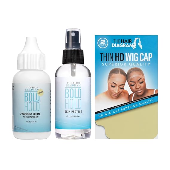 The Hair Diagram - Bold Hold Extreme Creme Reloaded Glue for Lace Front Wigs and Hair Systems (1.3 oz) - Bold Hold Skin Protect Sensitive Skin Scalp Protector (4 oz) - Ultra Thin HD Wig Cap (2 pk)