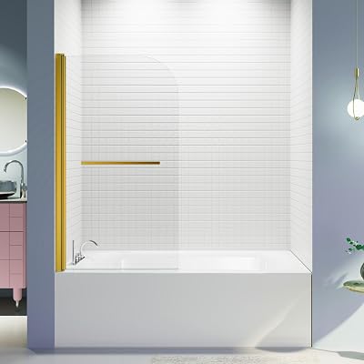 Pivot Tub Shower Door 31 W x 55 H, Frameless Bathtub Glass Doors with 14 6mm Tempered Glass, Shower Tub Screen Reversible Installation, Brushed Gold
