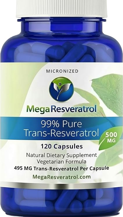 Mega Resveratrol, Pharmaceutical Grade,99% Pure, Isolate, Micronized Trans-Resveratrol, 120 Veggie Caps, 500mg per Capsule. Purity Certified. Absolutely NO Toxic inactive Ingredients Added.
