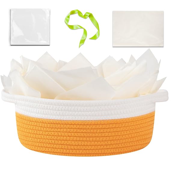 OIAHOMY Gift Basket Empty with Handle, 12"x 8"x 5" Small Woven Basket with Gift Bag, Ribbon and Wrap Tissue Paper, Dog Toy Storage for Organizing - Orange & White