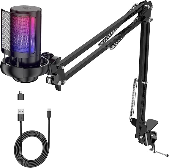 Gaming USB Microphone for PC,Podcast Microphone Kit for Streaming, Condenser Mic with Quick Mute, Boom Arm, Pop Filterm, RGB Indicator, Shock Mount, Rotate gain button, Compatible with PS4/5/PC