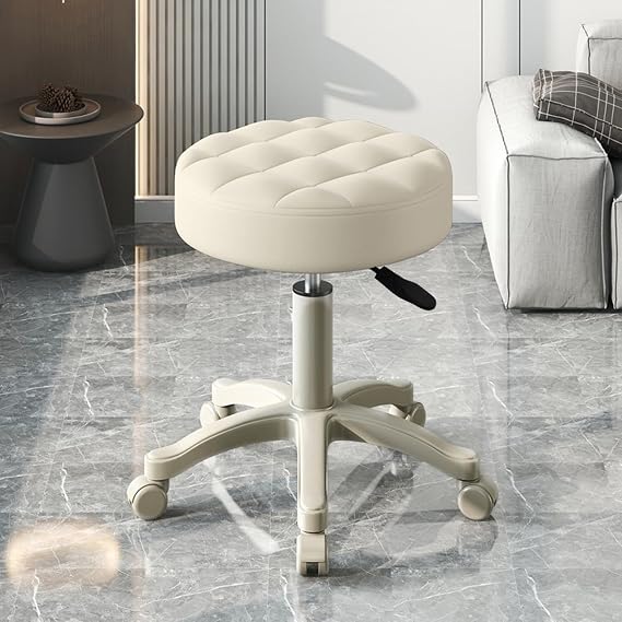 Rolling Stool with Wheels, Height Adjustable Swivel Stool Chair, Faux Leather Soft Cushion Drafting Work Stools, Armless Backless Mobile Seat for Salon Spa Office Bar Cafe Home, for Girls (White)