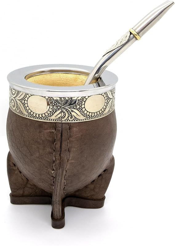 Set Imperial Mate Cup and Stainless Straw whit Parrot Beak, Easy Cleaning and Reusable, Handmade from Leather, Precise Terminations and Seamless Stitches, 4 Leg Base - Brown