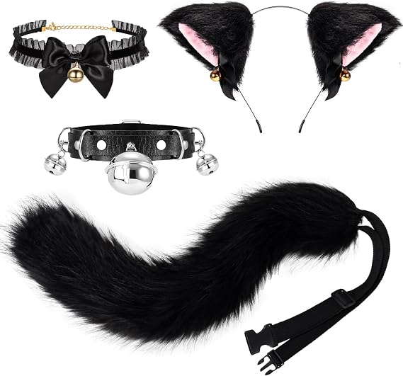 PHOGARY Cat Ears and Tail Set Wolf Fox Animal Cosplay Costume Kit with Ears Headband, Cat Fox Wolf Furry Tail, Bell Choker Necklace for Adult Halloween Costume