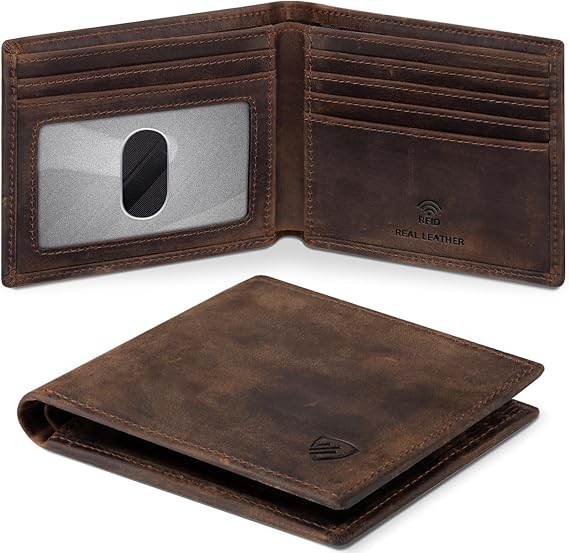 RUNBOX Wallet for Men|Slim Bifold Rfid Blocking Leather Wallet|Front Pocket | Genuine Leather,Handmade,8 Card Slots,ID Window,Money Pocket,Coin Pocket, Gift for Men,Minimalist Compact