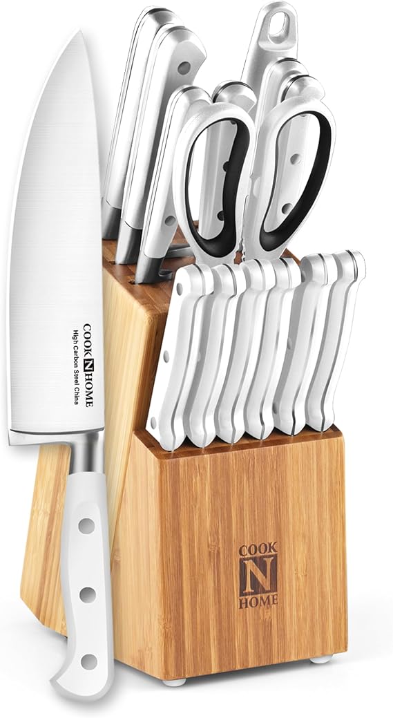 Cook N Home Basics Bamboo Kitchen Cutlery Block Set with Knifes, High Carbon Stainless Steel Blade, 15-Piece, White