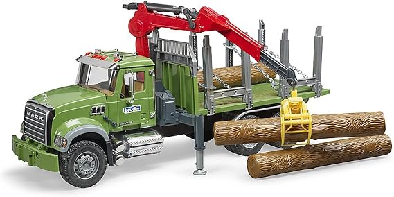 Bruder 02824 Mack Granite Timber Truck with Loading Crane and 3 Trunks