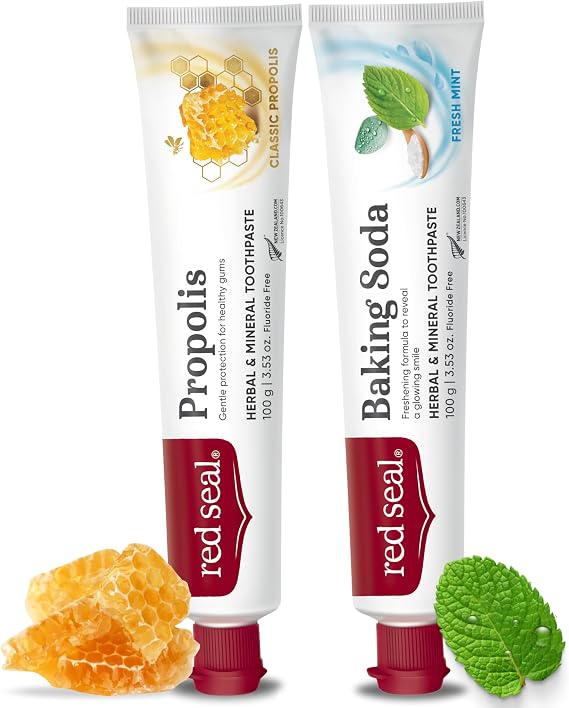 Red Seal Flouride Free Toothpaste Bundle - Baking Soda and Propolis NATRUE Certified Natural Toothpaste, No Additives, SLS Free, Organic, Cruelty Free