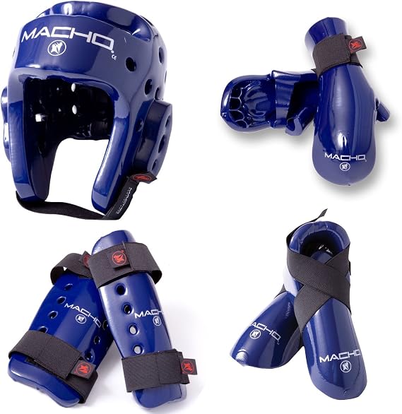 Macho Dyna 7 Piece Sparring Gear Set with shin Guards Blue Adult Small