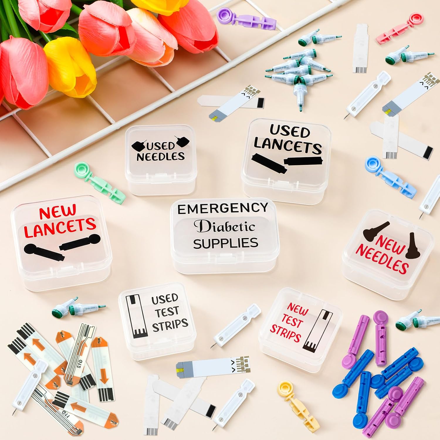 Weysat 7 pcs Small Diabetic Travel Supply Small Lancet Storage Containers Diabetes Travel Case Test Strips Storage Container Needle Disposal Mini Plastic Box for Diabetic Supplies