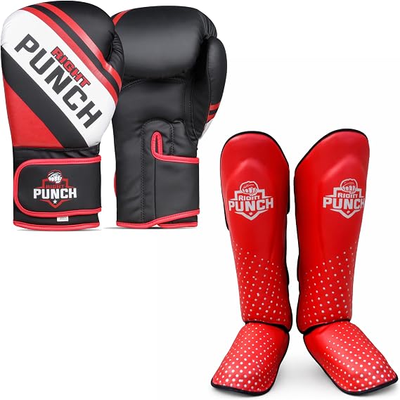 Leather Boxing Gloves and shin Pads for Men & Women | Training Set for Sparring, MMA, Kickboxing, Muay Thai, and Martial Arts