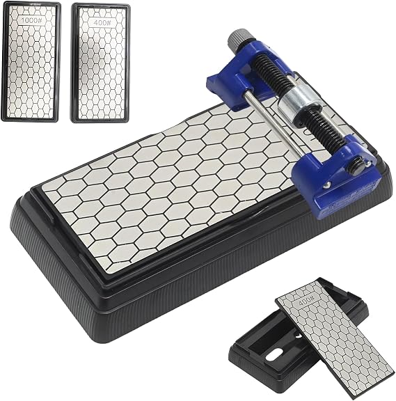 Dual-Sided Diamond Sharpening Stone 400/1000 Grit with Blue Metal Angle Guide, Non-Slip Base and Dust Cover, for Kitchen Knives, Scissors, Chisels