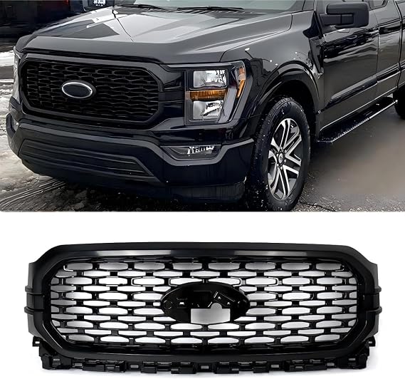 Front Black Grill Compatible with 2021 2022 2023 Ford F150 Pickup | Honeycomb Mesh Bumper Grille Assembly, Sturdy ABS Plastic, Wear-resistant, Bolt-on Installation, Replace for ML3Z8200LBPTM