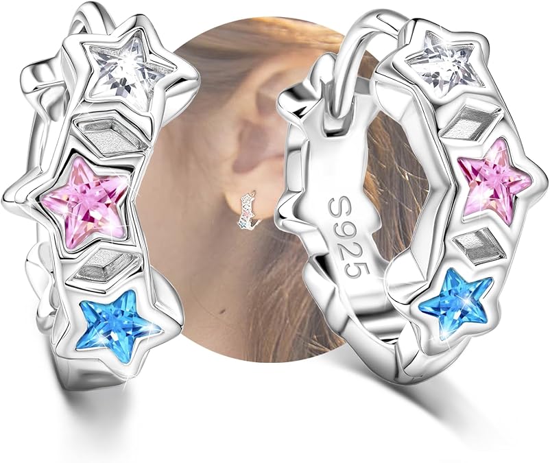 Star Earrings for Little Girls - Sterling Silver Stars Hoop Earrings for Women Hypoallergenic Colorful Cubic Zirconia Star Shaped Earrings for Teens Lightweight Loop Earring for Daughter Granddaughter