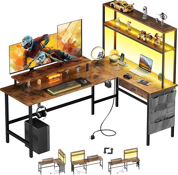 Hlonone 170 x 100 cm Gaming Table with LED Corner Desk with Socket Reversible 3 USB Ports Monitor Stand Storage Bag & Drawer for Home Office and Gaming Brown