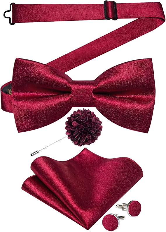 DiBanGu Mens Satin Pre-tied Bowtie Shiny Solid Bow Tie and Pocket Square Cufflinks Lapel Pin Set for Tuxedo Wedding Party