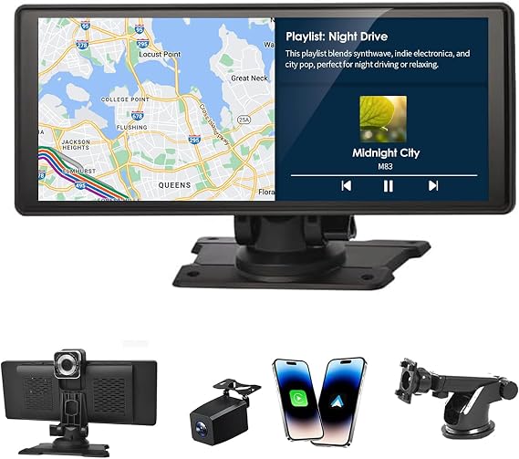 BY-J 10.26'' Wireless Carplay Screen for Car with 4K Dash Cam & 1080P Backup Camera, Portable Car Audio Receivers with Carplay & Android Auto, GPS Navigation, Airplay, Mirror Link